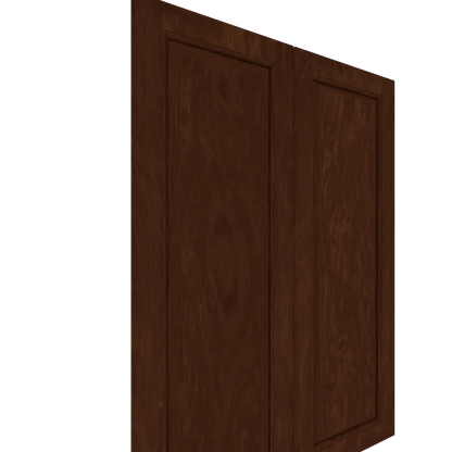 Angled view of two dark brown Upper Inset Raised Panel cabinet doors with distinct wood grain