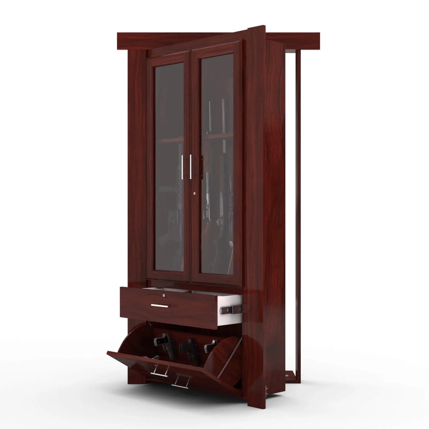Murphy Door® wooden gun cabinet in dark cherry finish with glass doors, storage drawer, and tilt-out compartment for firearm storage.