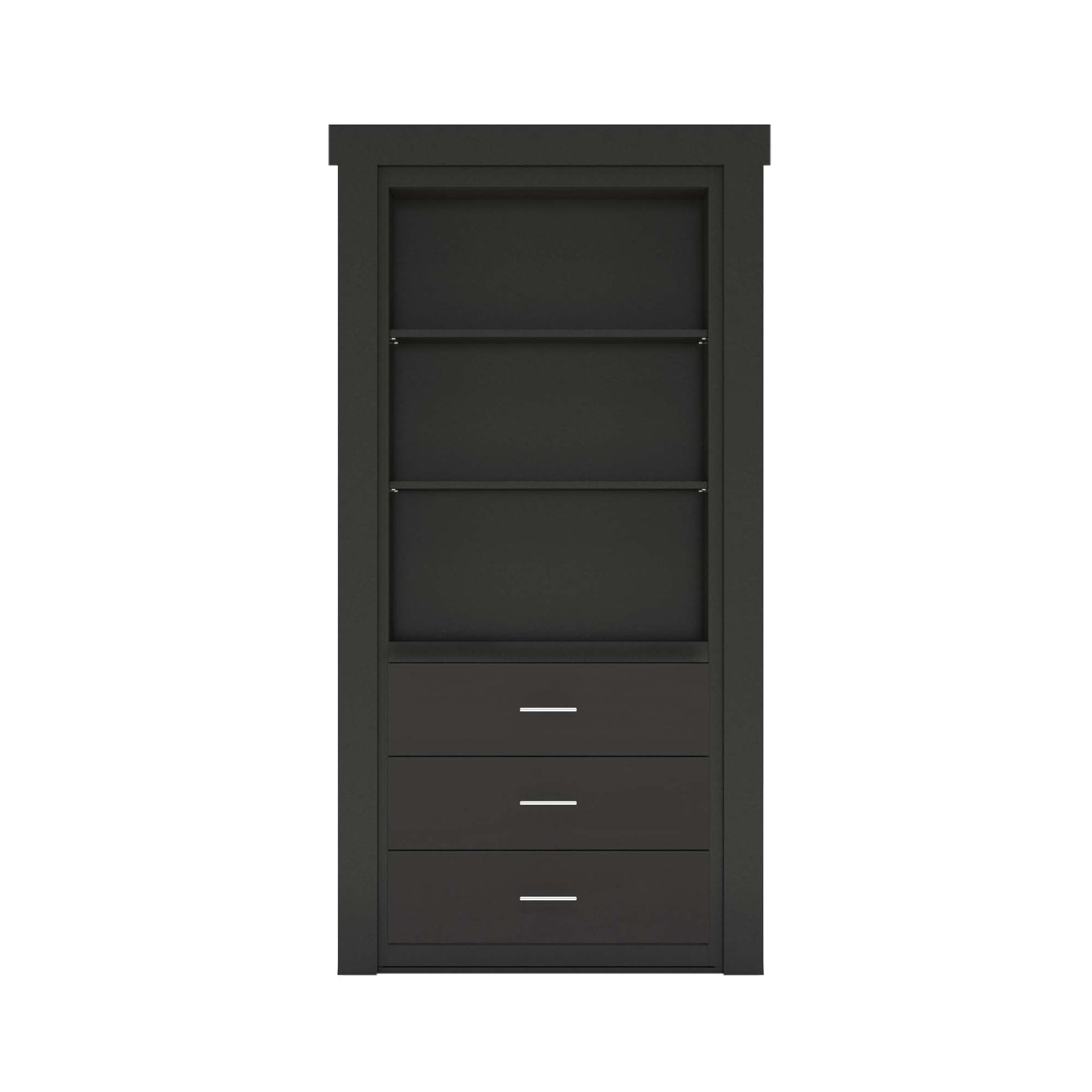 Dark gray Murphy Door® hidden bookcase with two open shelves and three drawers with silver handles.