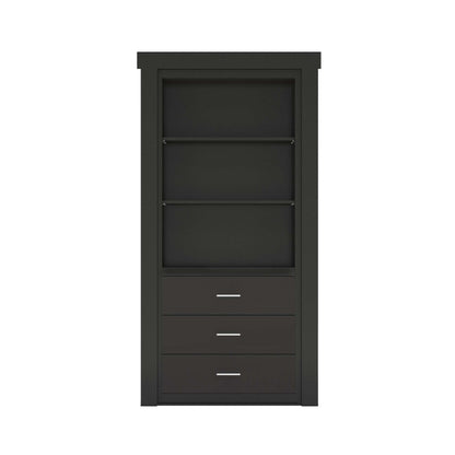 Dark gray Murphy Door® hidden bookcase with two open shelves and three drawers with silver handles.