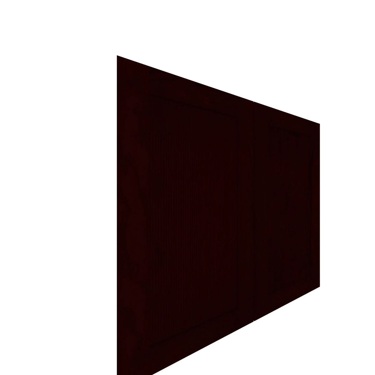 Angled view of a deep reddish-brown Lower Shaker Cabinet Door with subtle vertical woodgrain