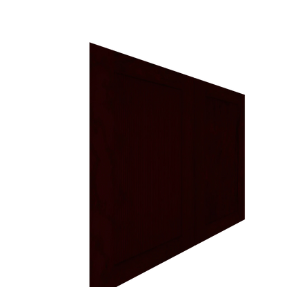 Angled view of a deep reddish-brown Lower Shaker Cabinet Door with subtle vertical woodgrain