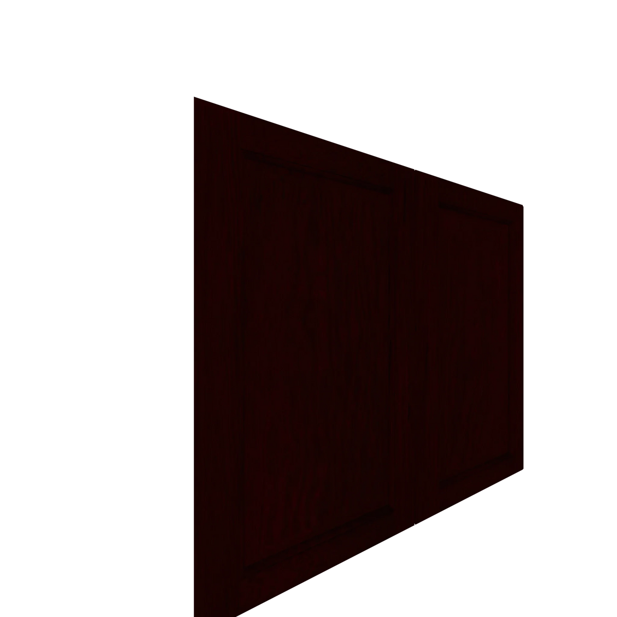 Dark red-brown raised panel cabinet door angled to show its wood veneer finish