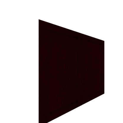 Dark red-brown raised panel cabinet door angled to show its wood veneer finish