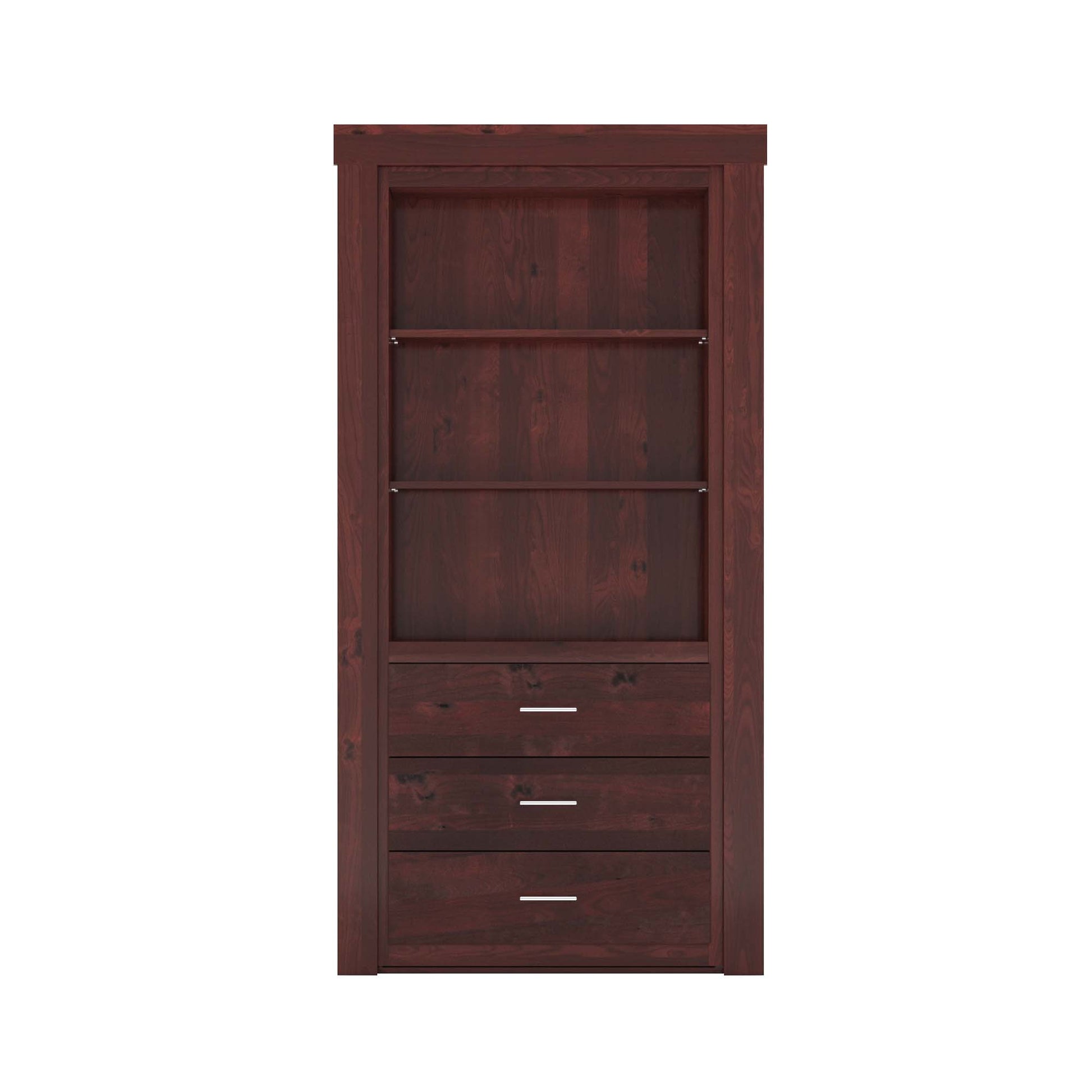 Dark reddish-brown Murphy Door® wood storage unit with 2 open shelves and 3 drawers with silver handles.