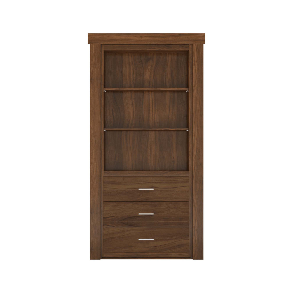 Murphy Door® dark walnut wood bookshelf with two adjustable shelves and three drawers with silver pulls.