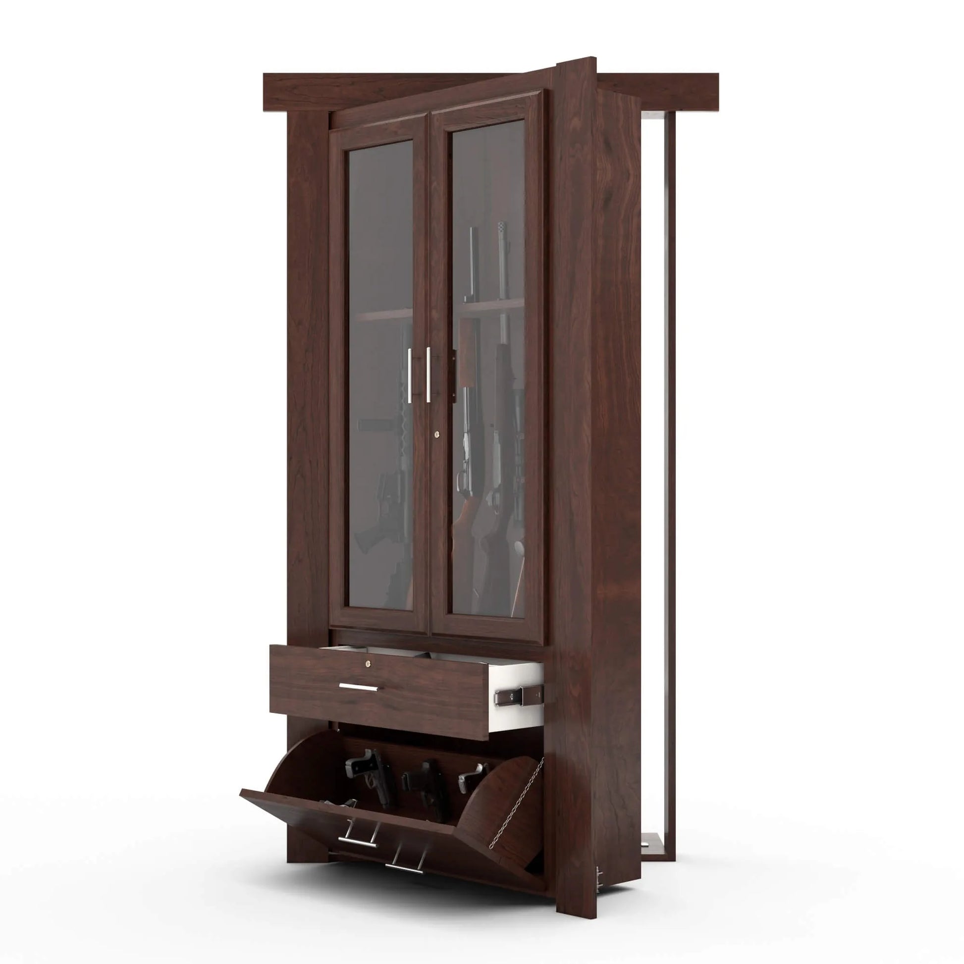 Murphy Door® dark walnut gun cabinet with glass doors, storage drawer, and flip-down compartment for handguns.