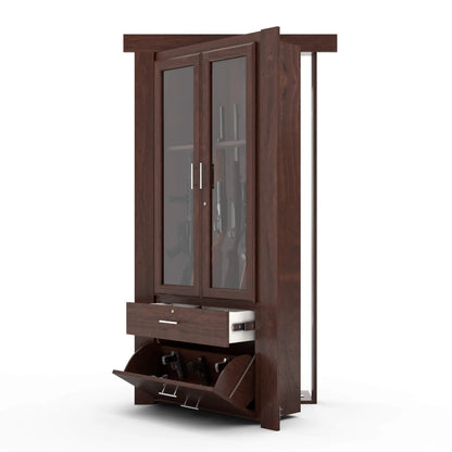 Murphy Door® dark walnut gun cabinet with glass doors, storage drawer, and flip-down compartment for handguns.