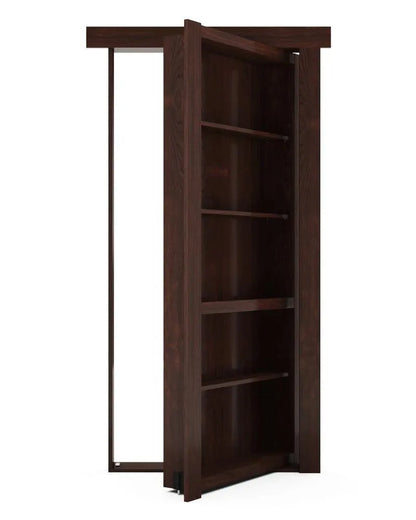 Murphy Door® dark wood bookcase hidden door shown partially open, featuring five interior shelves in a rich walnut finish.