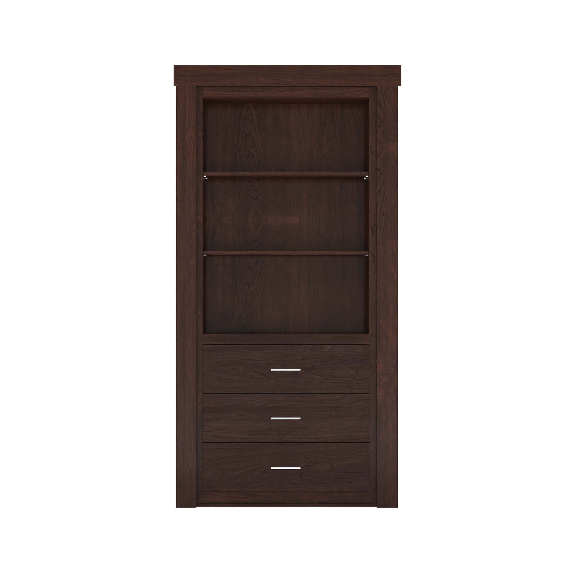 Murphy Door® dark wood bookcase with two adjustable shelves and three lower storage drawers.