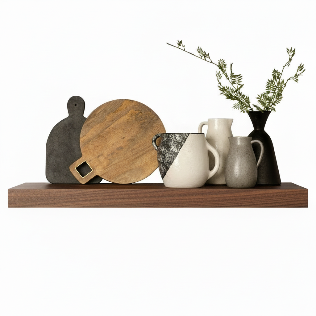 Dark wood Murphy Door® floating shelf displaying cutting boards, ceramic pitchers, a mug, and a black vase with greenery.