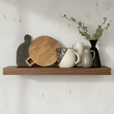 Murphy Door® 38" Signature Floating Shelf (IBS24 Parent Product) of dark wood, displaying home decor.