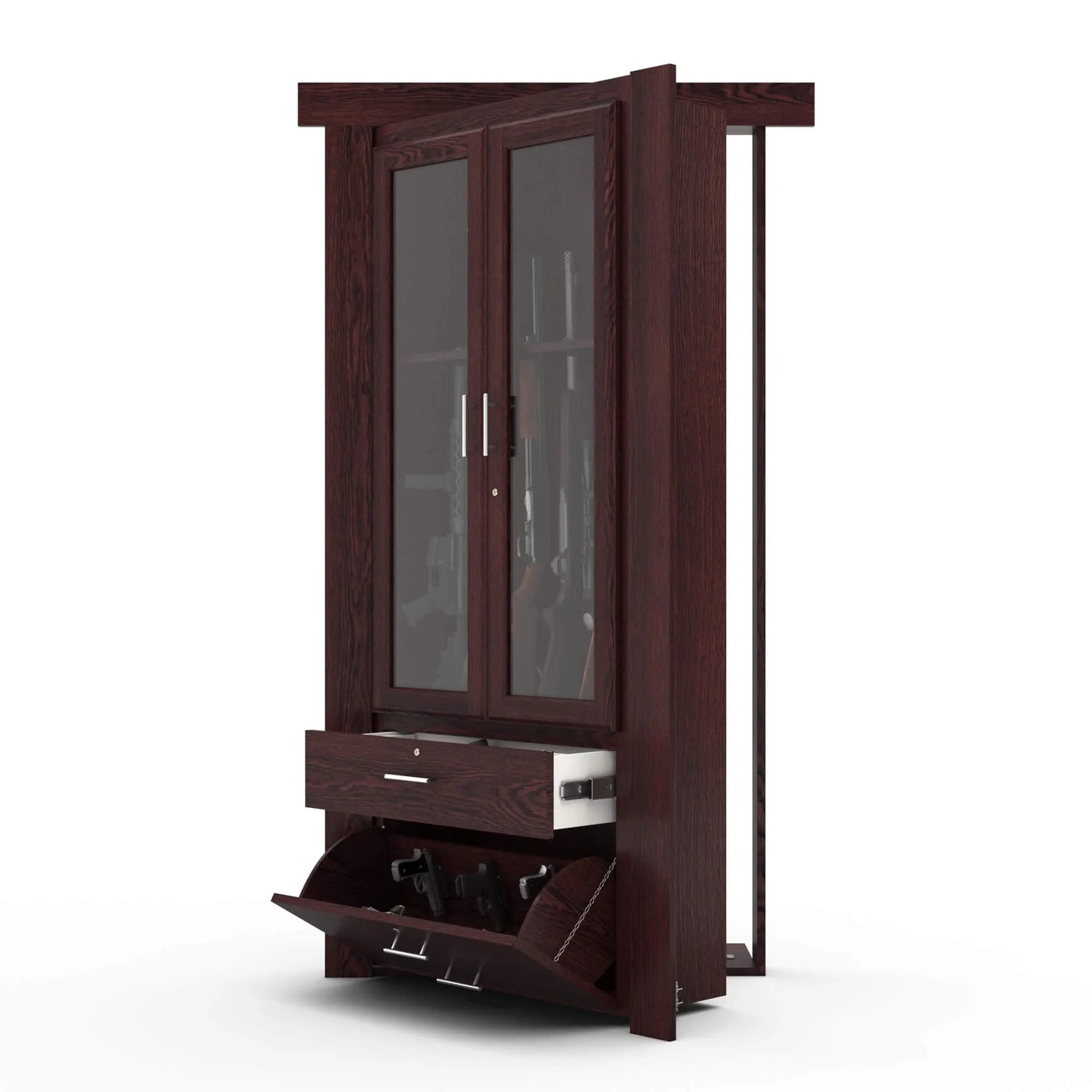 Murphy Door® dark wood gun cabinet with glass doors, storage drawer, and flip-down compartment for secure firearm storage.