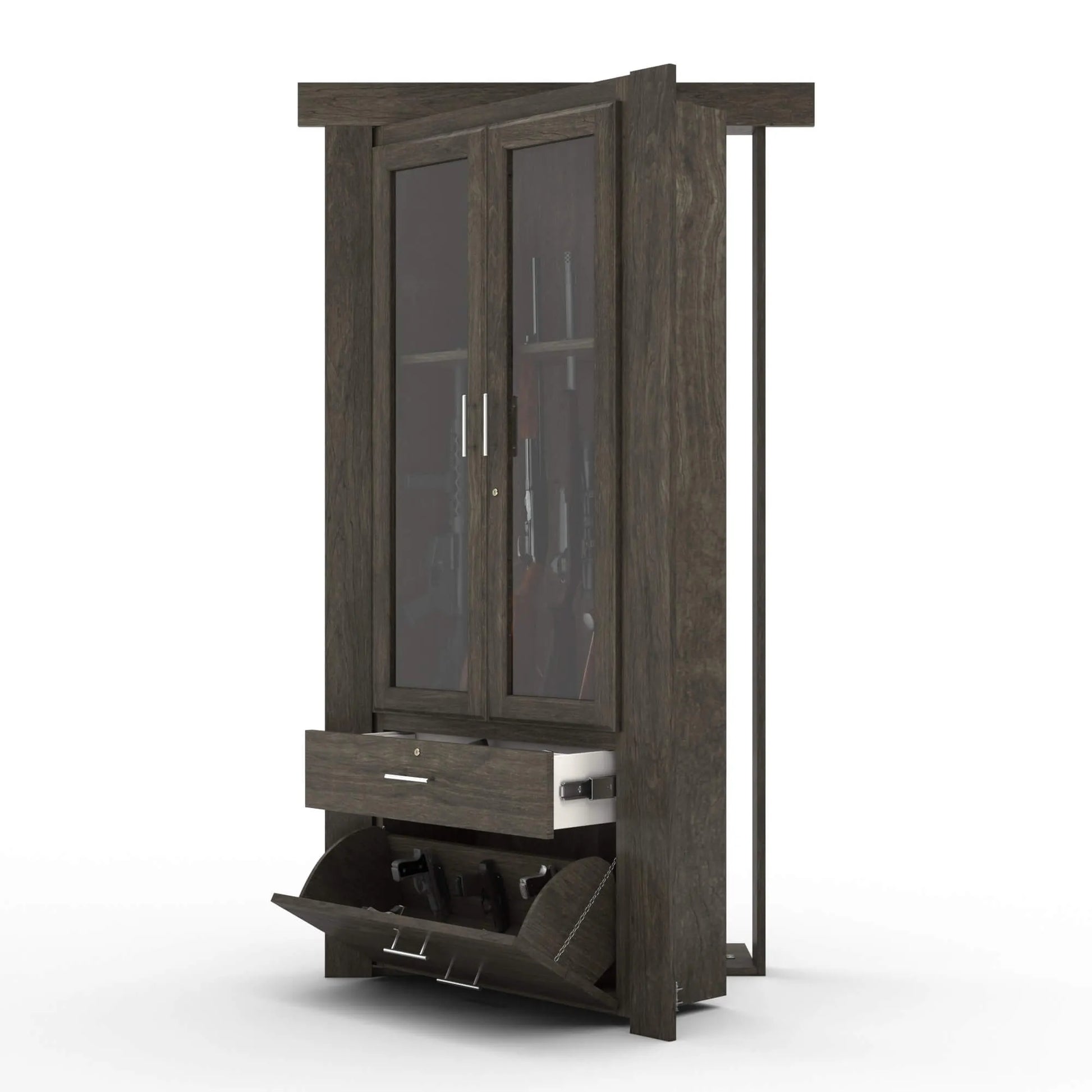 Murphy Door® dark wood display cabinet with glass doors, pull-out drawer, and hidden storage compartment at bottom.
