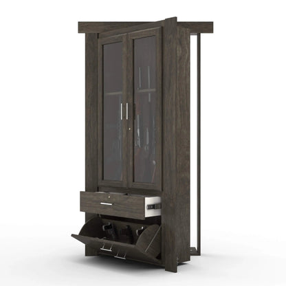 Murphy Door® dark wood display cabinet with glass doors, pull-out drawer, and hidden storage compartment at bottom.