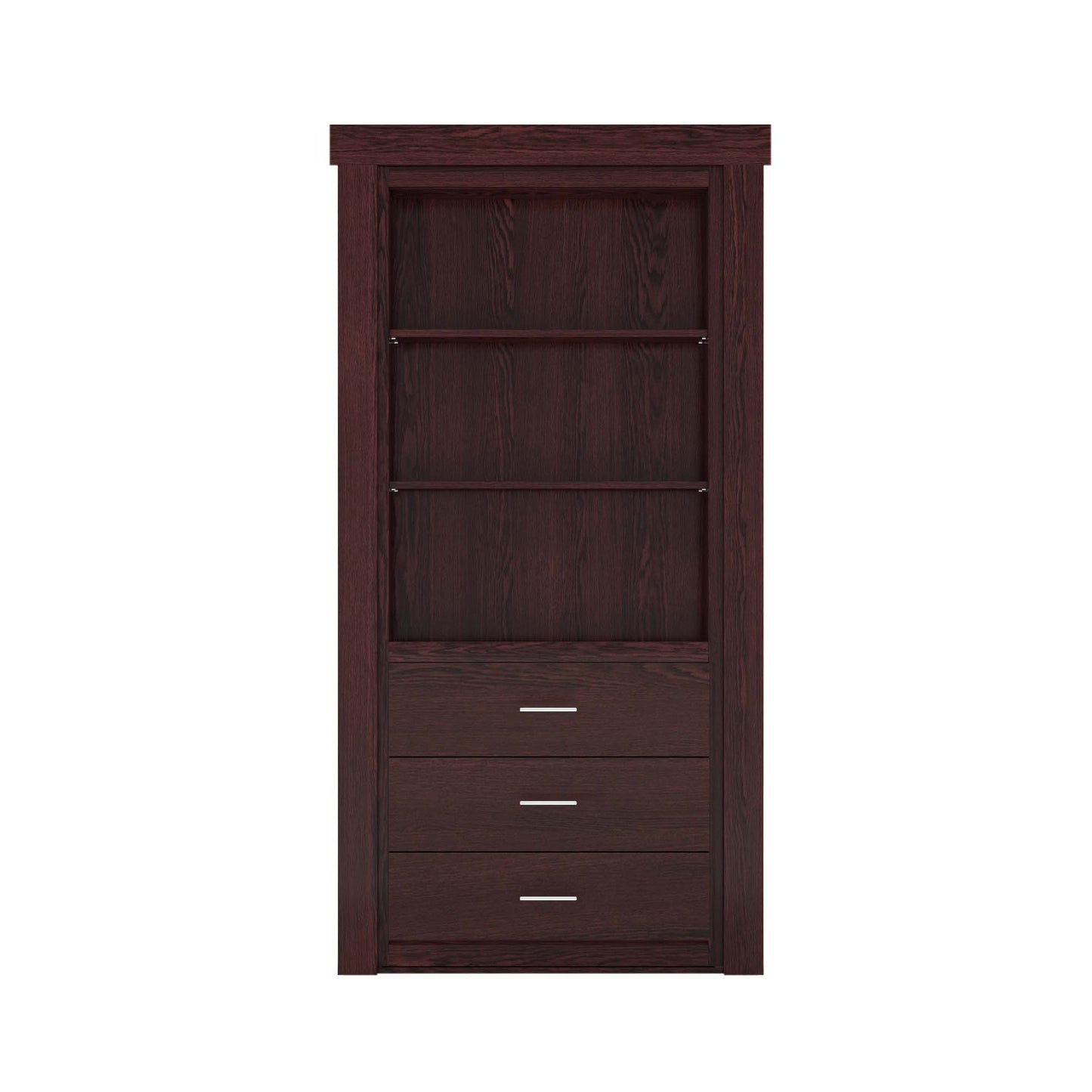 Murphy Door® dark wood hidden bookcase door with 3 open shelves and 3 drawers.