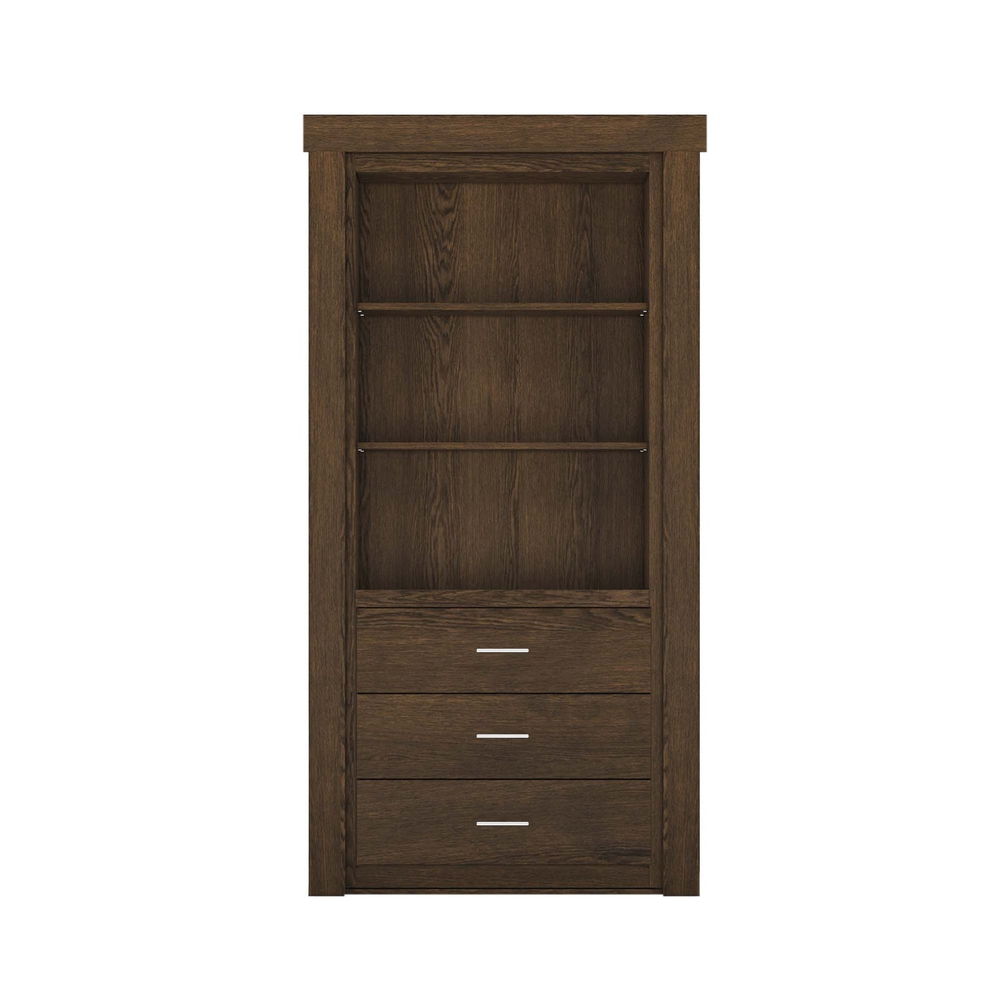 Murphy Door® dark wood hidden bookcase door with three shelves and three drawers with silver pulls.