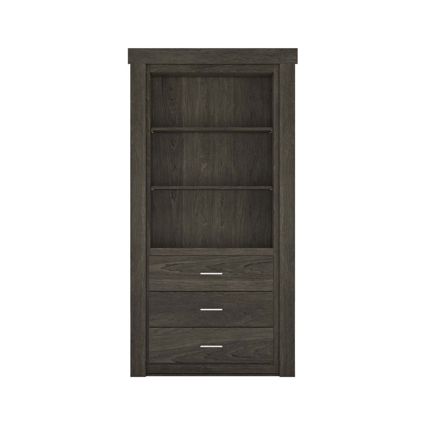 Murphy Door® modern dark wood hidden bookcase door with 2 shelves & 3 drawers with silver pulls.