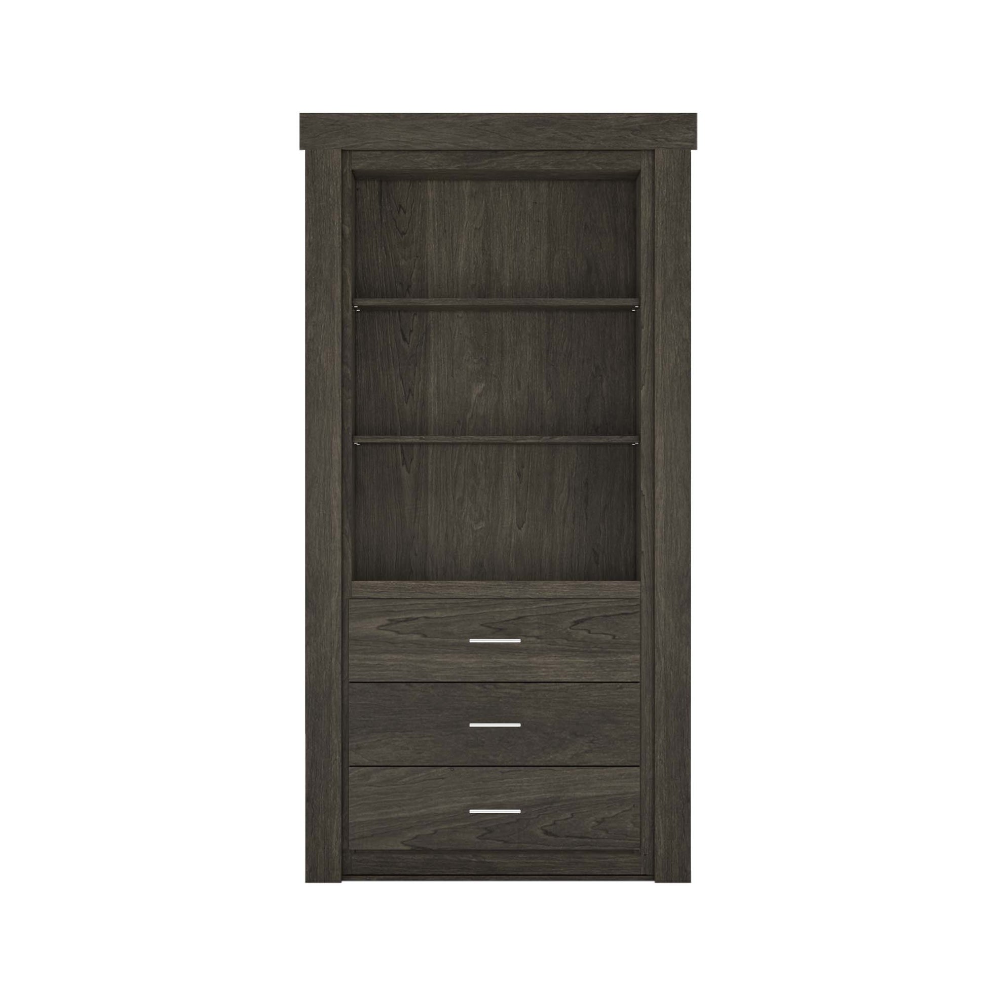 Murphy Door® modern dark wood hidden bookcase door with 2 shelves & 3 drawers with silver pulls.