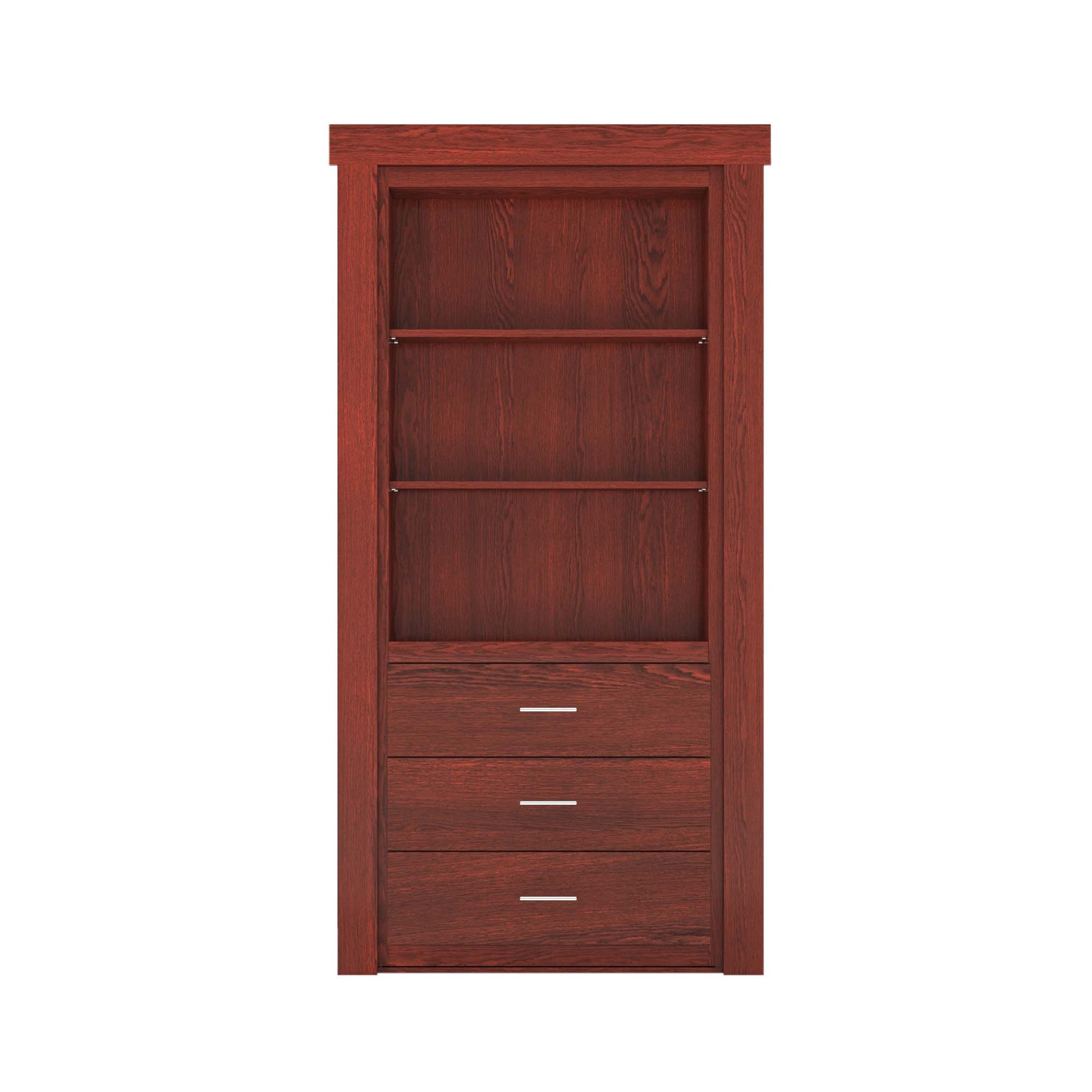 Murphy Door® dark wood hidden bookcase door with 2 adjustable shelves and 3 drawers.