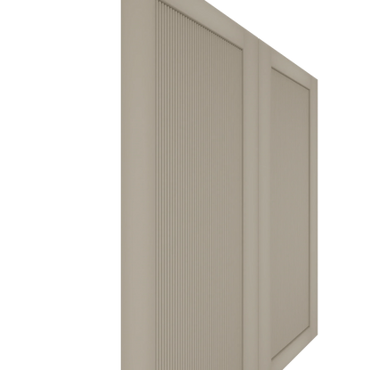 Right upper shaker cabinet door with a fluted panel in a soft taupe paint grade finish