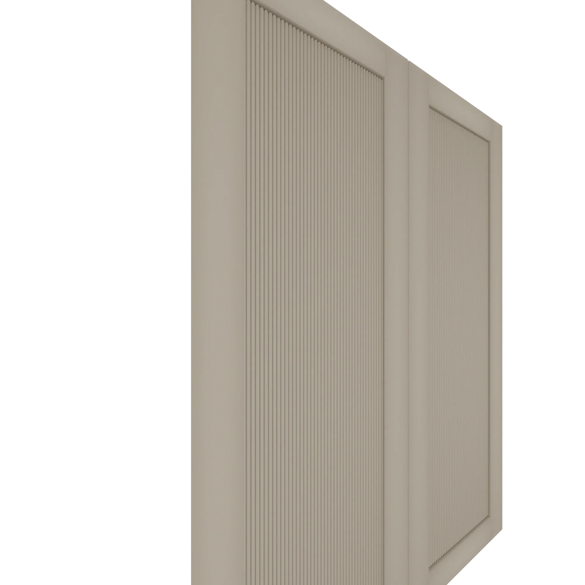 Upper shaker door shown in a light paint-grade finish with distinct vertical reeded panels