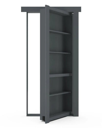 Murphy Door® gray bookshelf hidden door shown partially open, featuring five empty shelves with a sleek modern design.