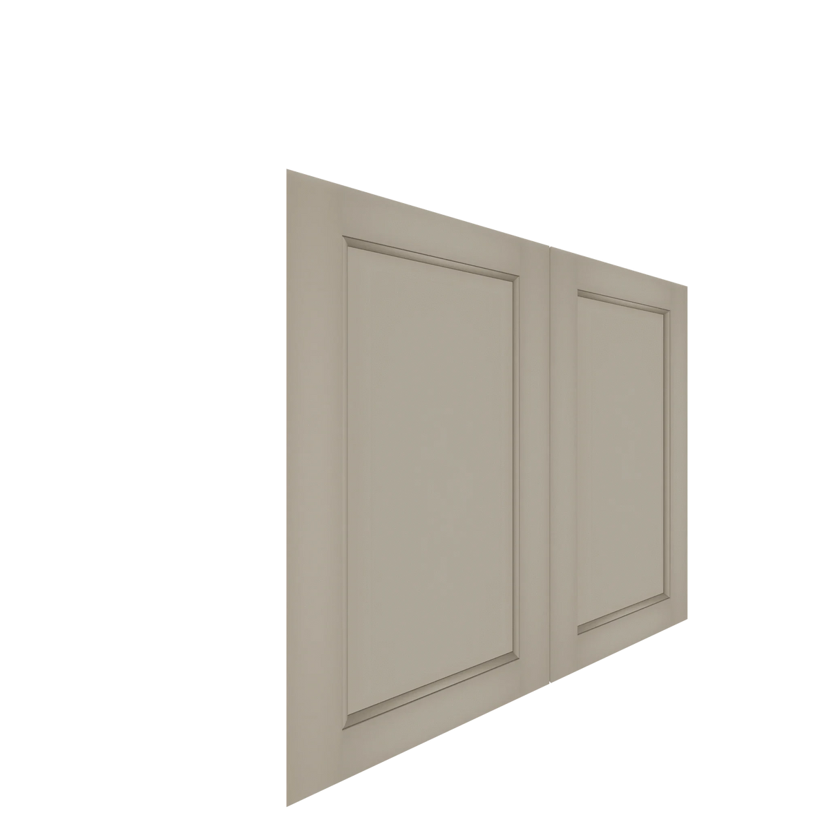 Pair of lower inset raised panel cabinet doors, angled view, showing a light greige paint