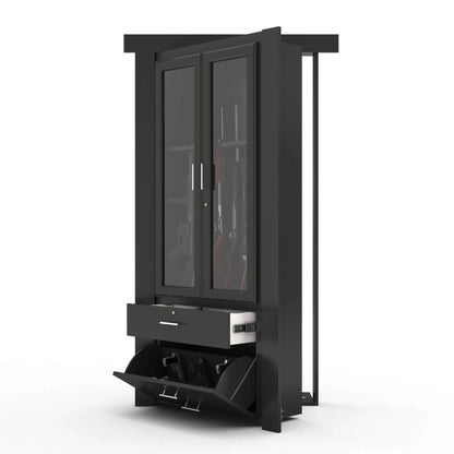 Murphy Door® gun cabinet with black finish, glass display doors, storage drawer, and drop-down compartment for secure firearm storage.