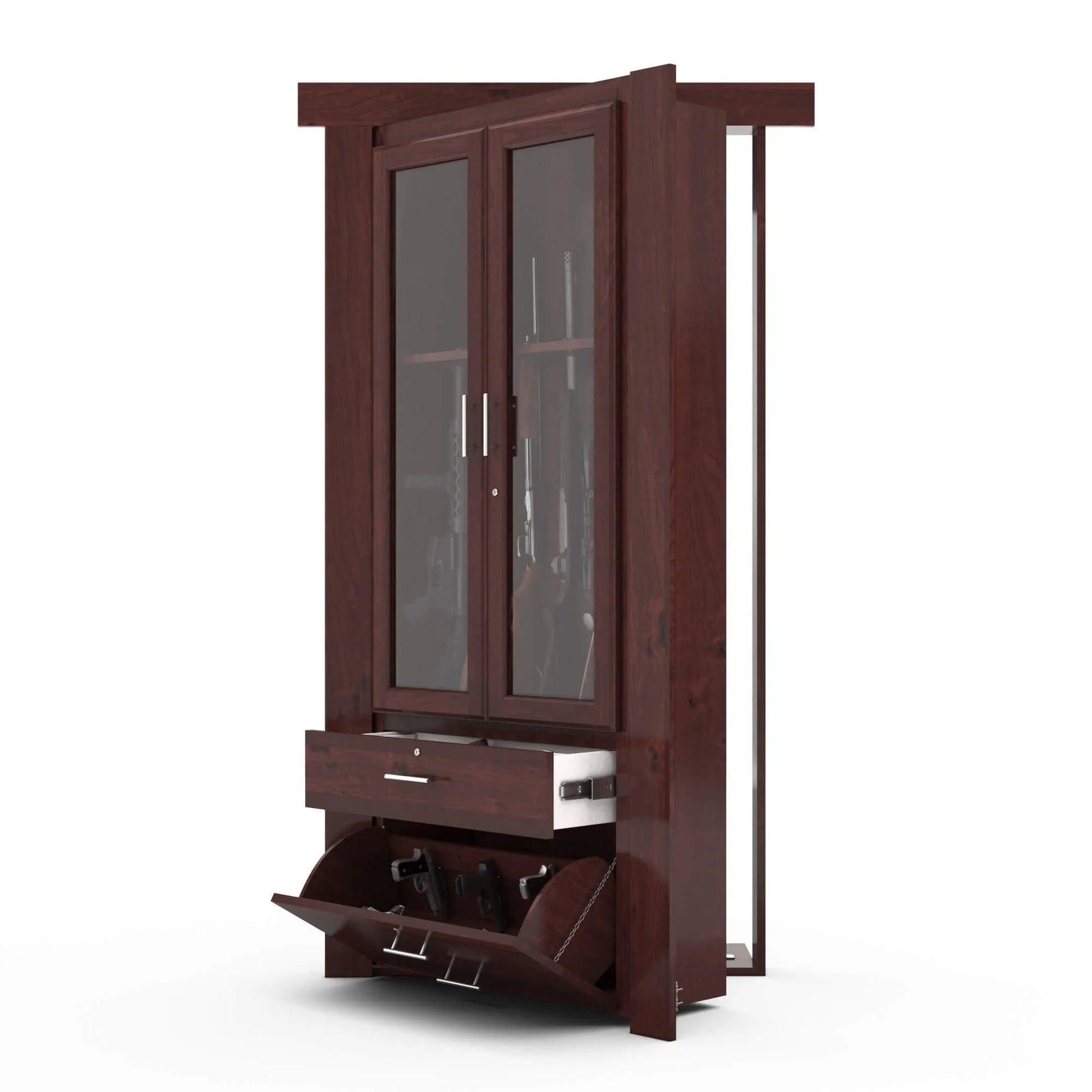 Murphy Door® wooden gun cabinet in dark cherry finish with glass doors, storage drawer, and flip-down compartment for firearms.