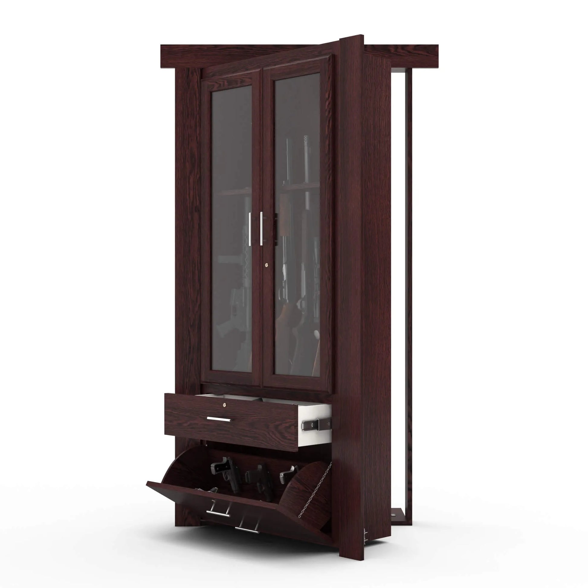 Murphy Door® gun cabinet in dark wood with glass display doors, storage drawer, and flip-down compartment for firearm storage.