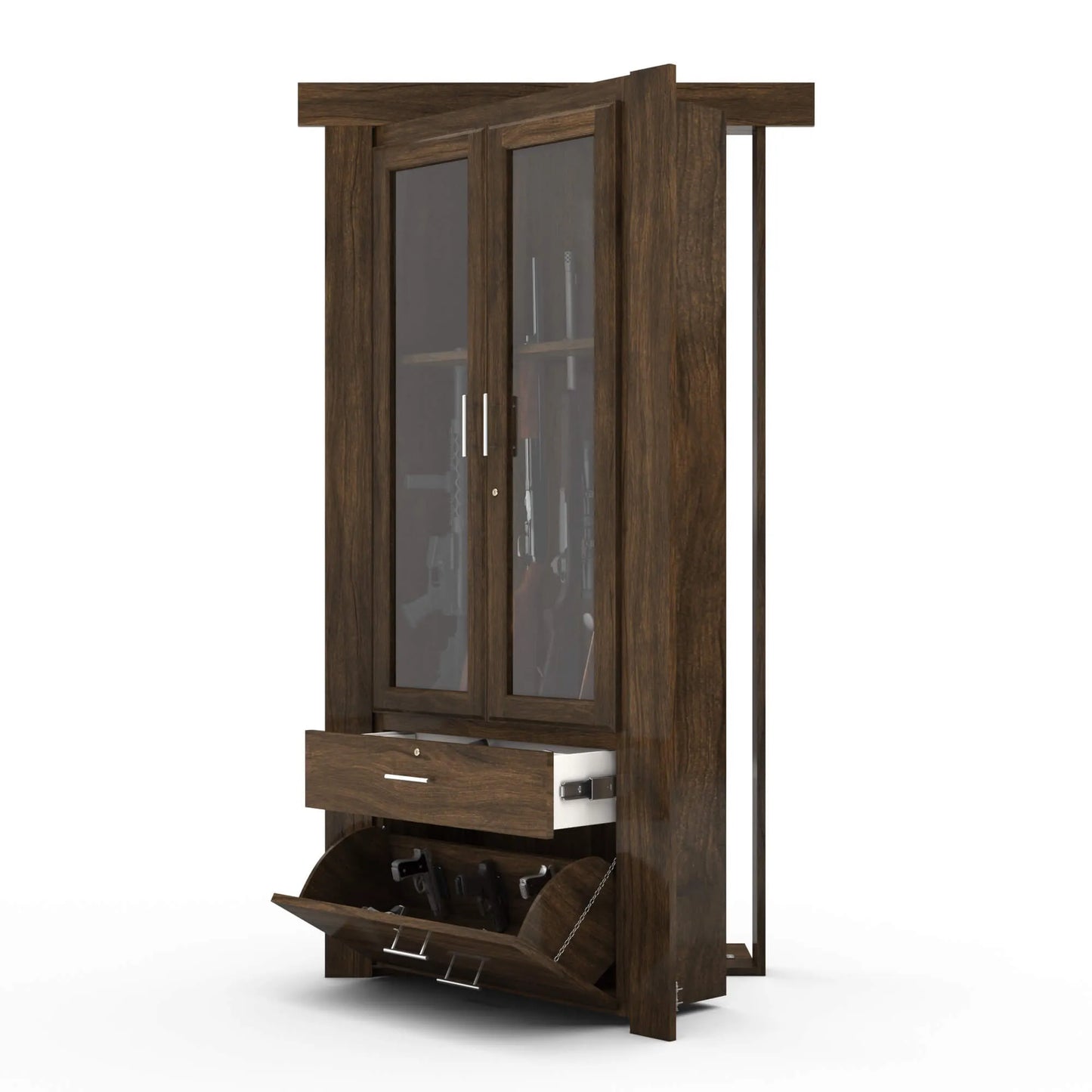 Murphy Door® gun cabinet with dark wood finish, glass display doors, storage drawer, and tilt-out bottom compartment for firearms.
