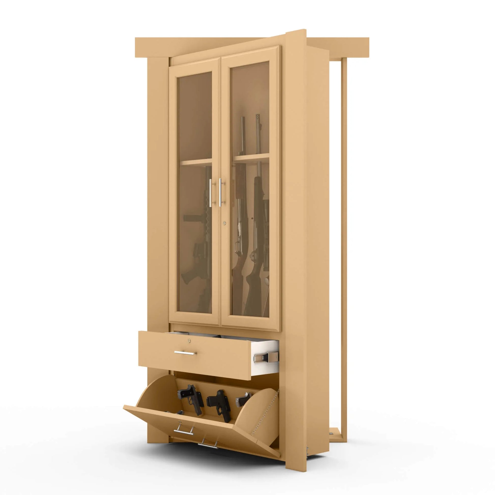 Murphy Door® wooden gun cabinet with glass display doors, storage drawer, and tilt-out compartment in light oak finish.