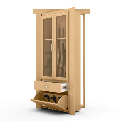 Murphy Door® wooden gun cabinet with glass display doors, storage drawer, and tilt-out compartment in light oak finish.