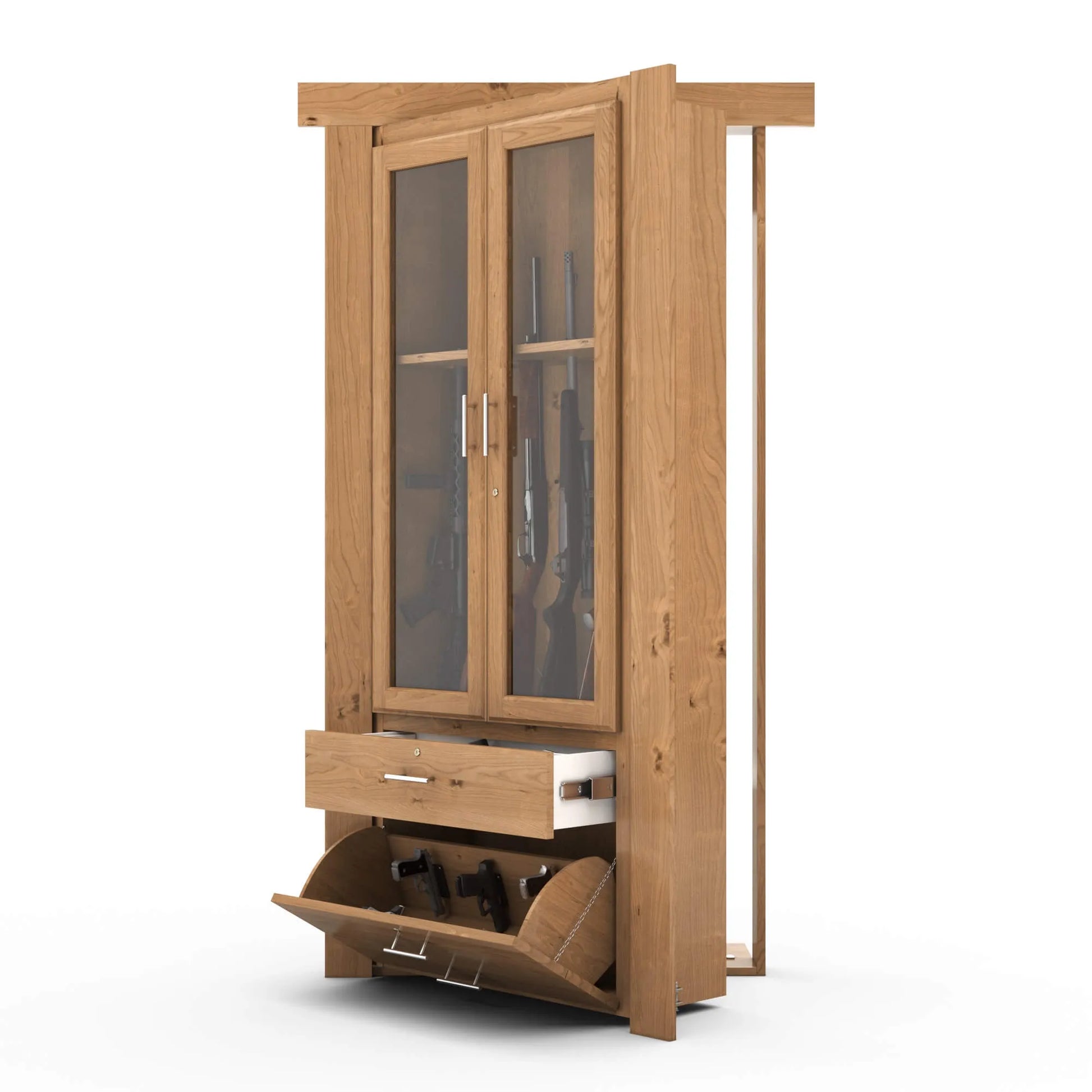 Murphy Door® wood gun cabinet with glass doors, pull-out drawer and tilt-out compartment in light oak finish.