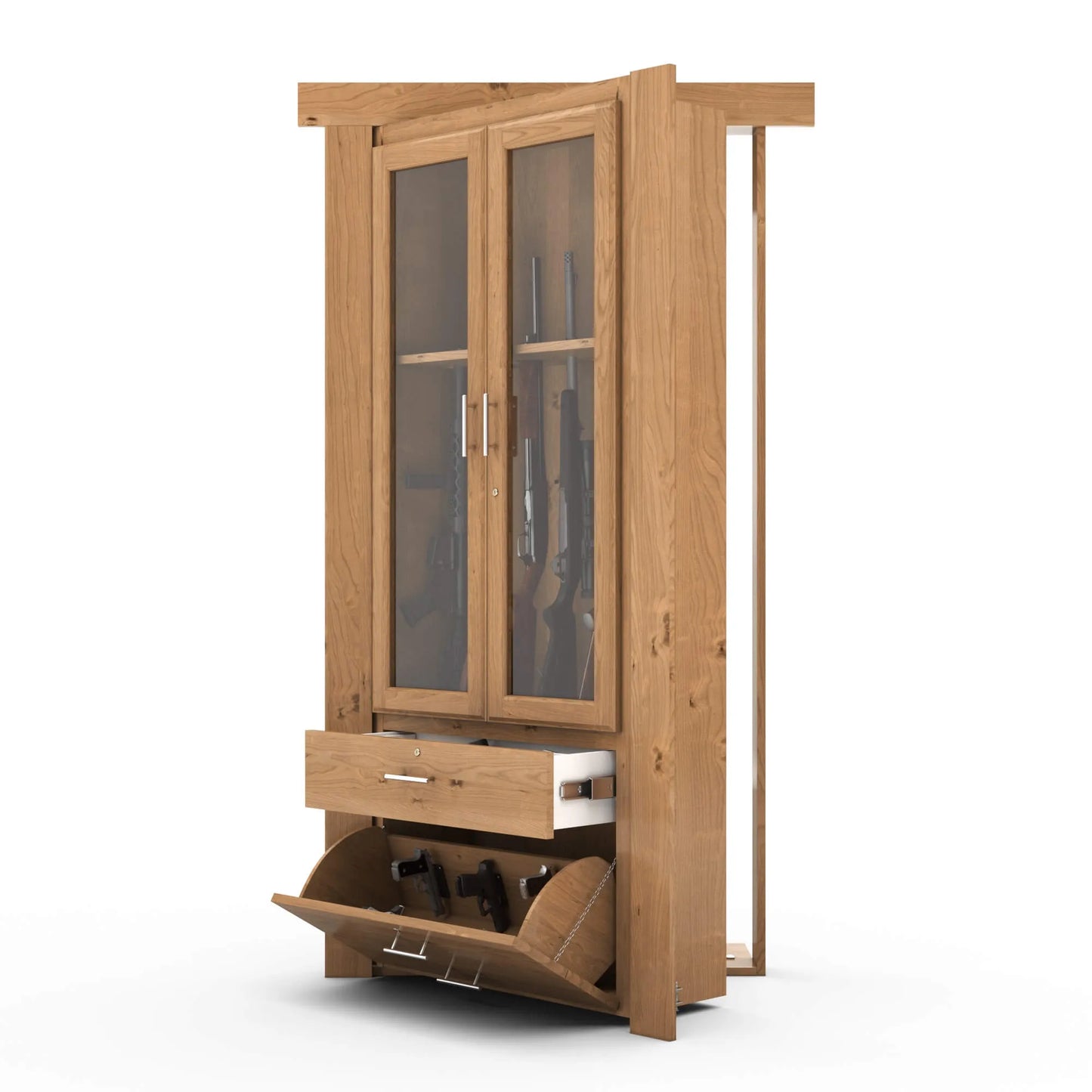 Murphy Door® wooden gun cabinet with glass doors, pull-out drawer, and tilt-out storage compartment in light oak finish.