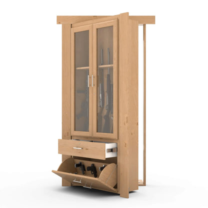 Murphy Door® wooden gun cabinet with glass display doors, pull-out drawer, and tip-out storage compartment for handguns.