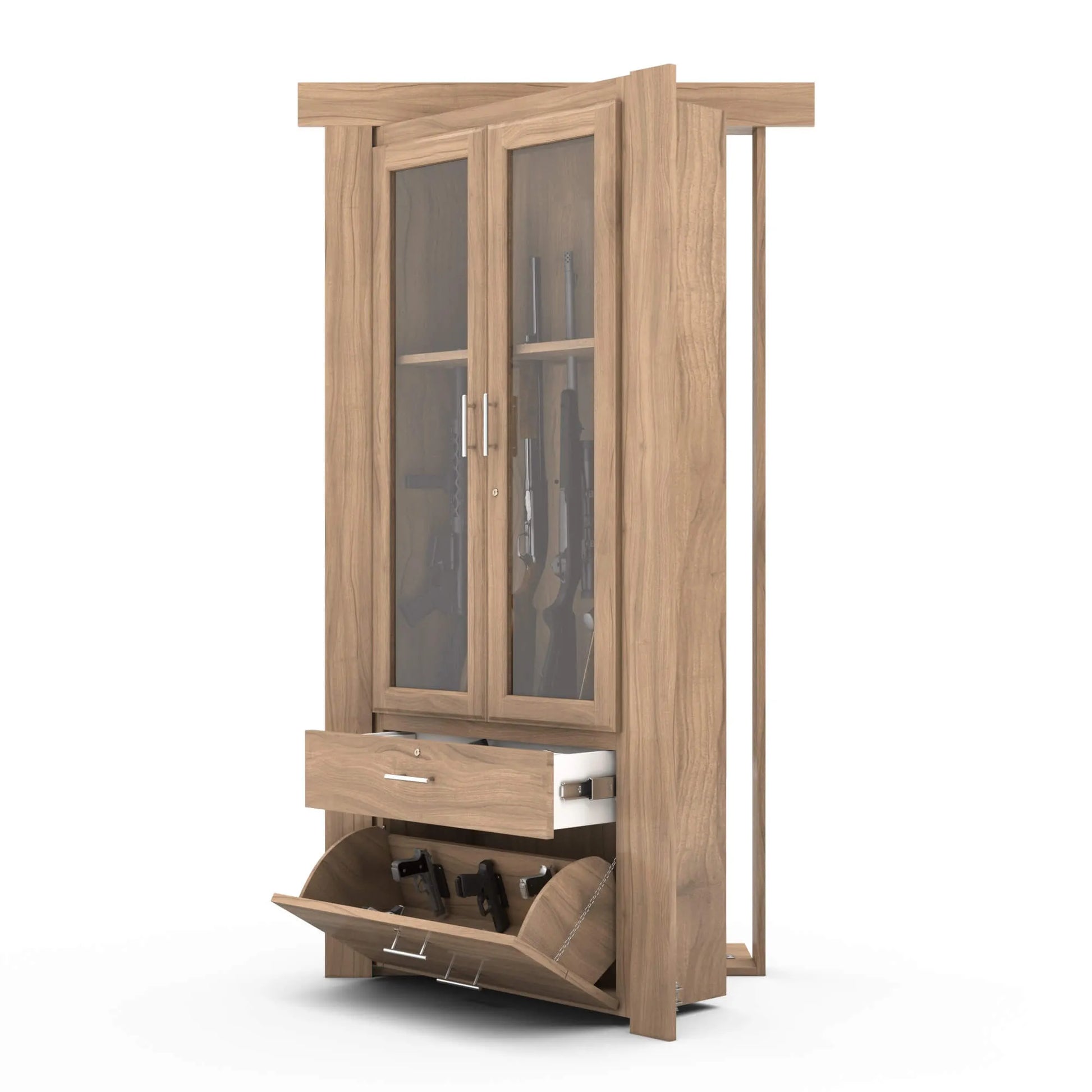Murphy Door® wooden gun cabinet with glass doors, middle drawer, and tilt-out bottom storage in light oak finish.