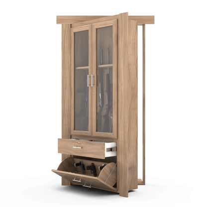 Murphy Door® wooden gun cabinet with glass doors, middle drawer, and tilt-out bottom storage in light oak finish.