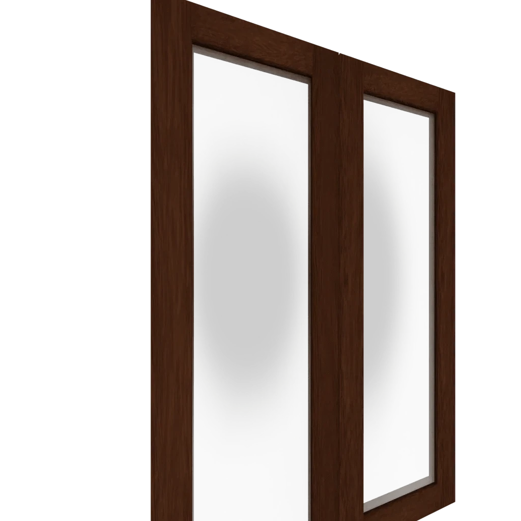 Dark brown wood veneer French cabinet door with two inset glass panels, angled right