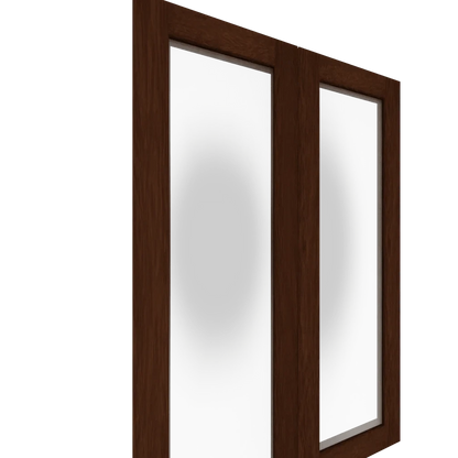 Dark brown wood veneer French cabinet door with two inset glass panels, angled right