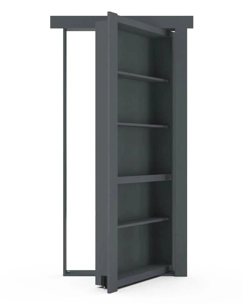 Murphy Door® hidden bookcase door in dark gray with adjustable shelving, partially open to reveal space-saving storage solution.