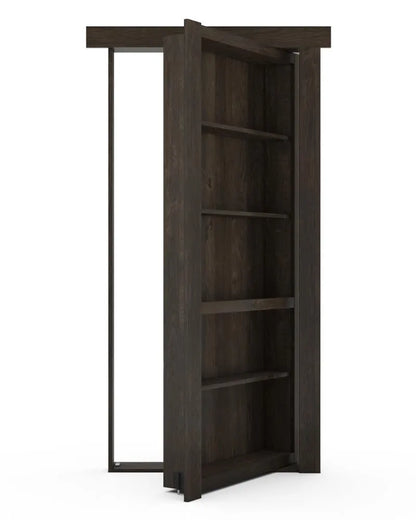Murphy Door® hidden bookcase door in dark wood finish with five shelves, partially open to reveal secret passageway.