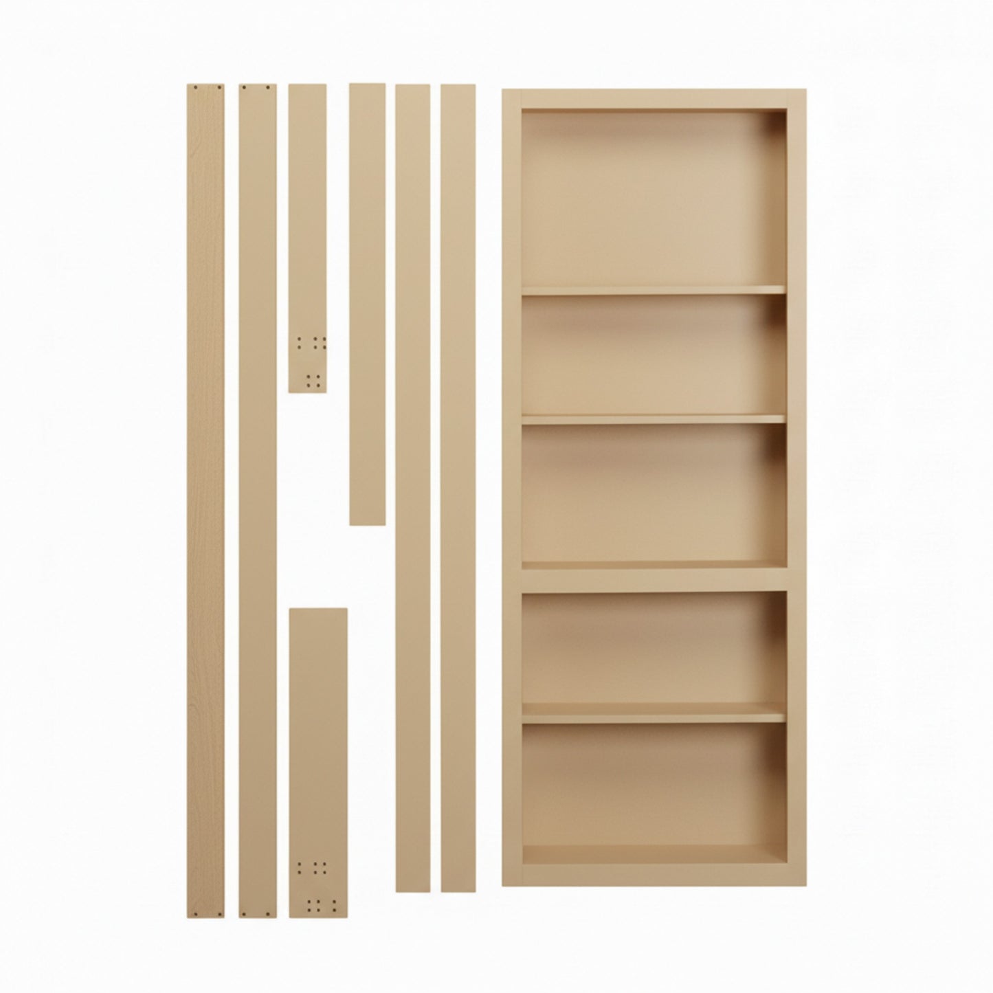 Murphy Door® beige wood bookshelf. Unassembled components with peg holes and an assembled unit with shelves.