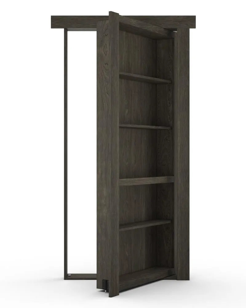 Murphy Door® hidden bookcase door in dark wood with adjustable shelving, featuring pivot hinge system for concealed entryway.