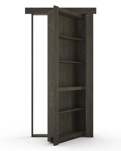 Murphy Door® hidden bookcase door in dark wood with adjustable shelving, featuring pivot hinge system for concealed entryway.