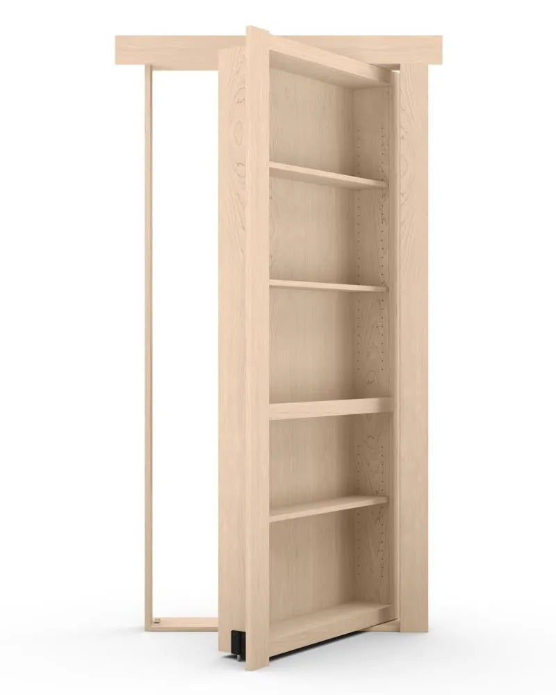 Murphy Door® hidden bookcase door in light wood finish with adjustable shelving, shown partially opened on pivoting hardware.