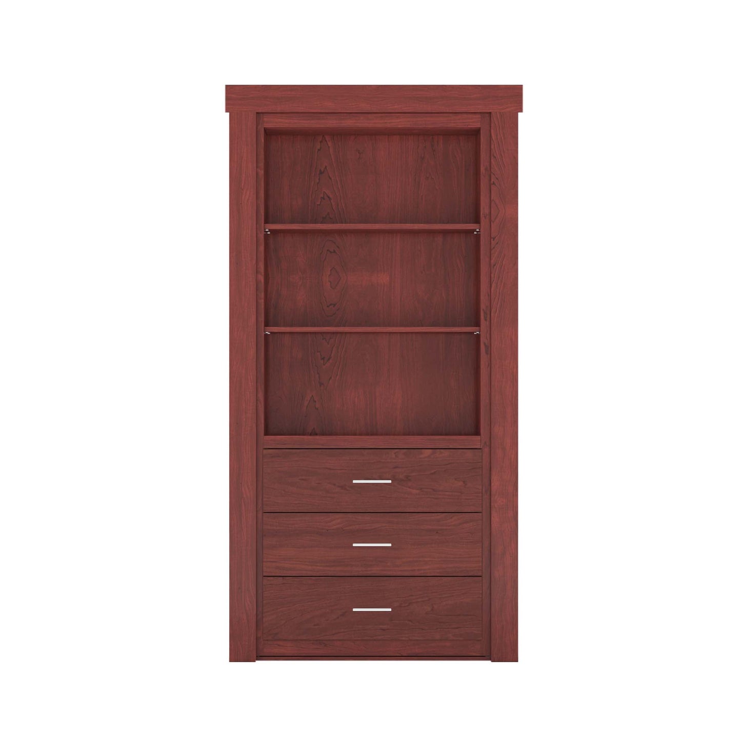 Murphy Door® hidden bookcase door in reddish-brown wood, with 2 shelves and 3 bottom drawers with silver handles.