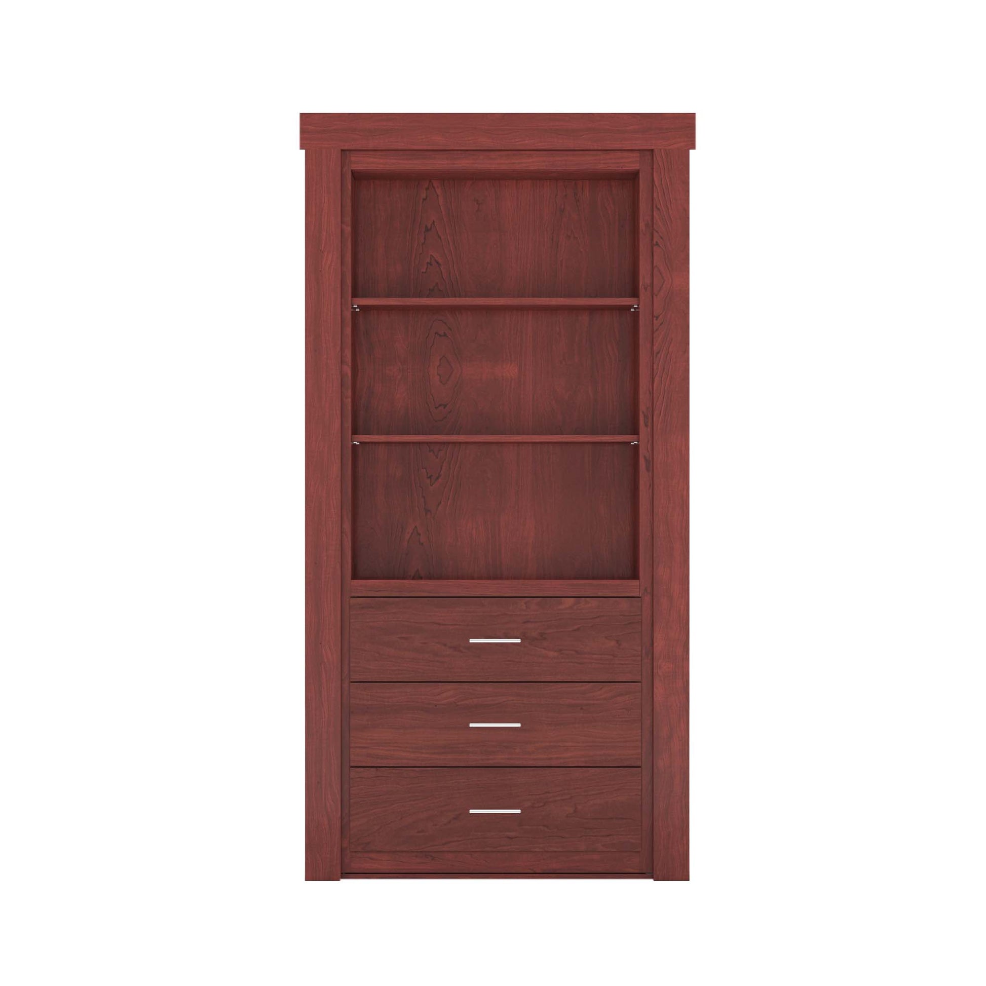 Murphy Door® hidden bookcase door in reddish-brown wood, with 2 shelves and 3 bottom drawers with silver handles.