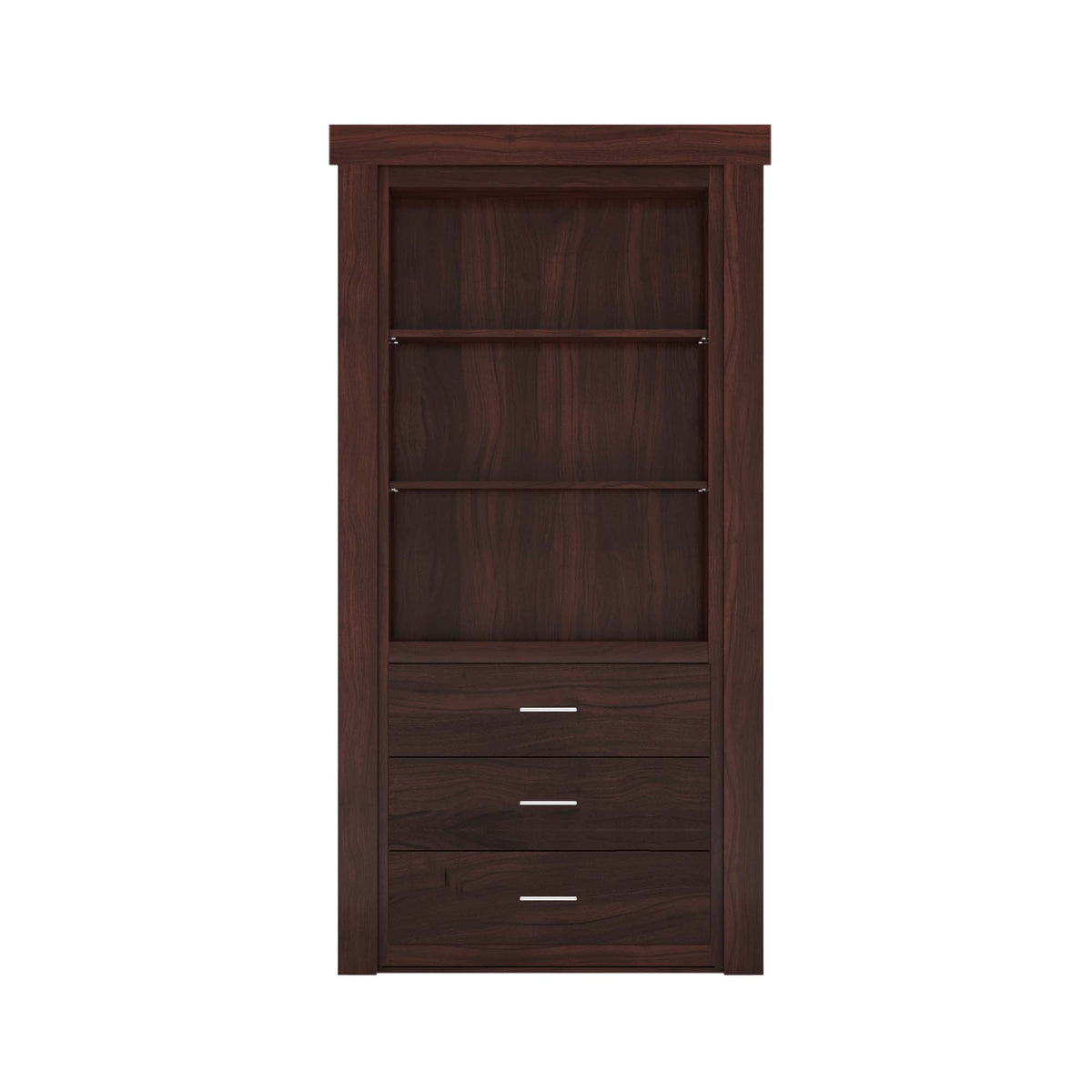 Murphy Door® espresso wood hidden bookcase door with open shelves and three bottom drawers.